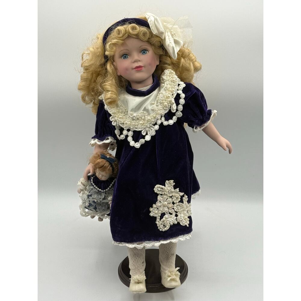 Vintage 16" Porcelain Collector Doll - Purple Velvet Dress w/Mini Companion Doll
